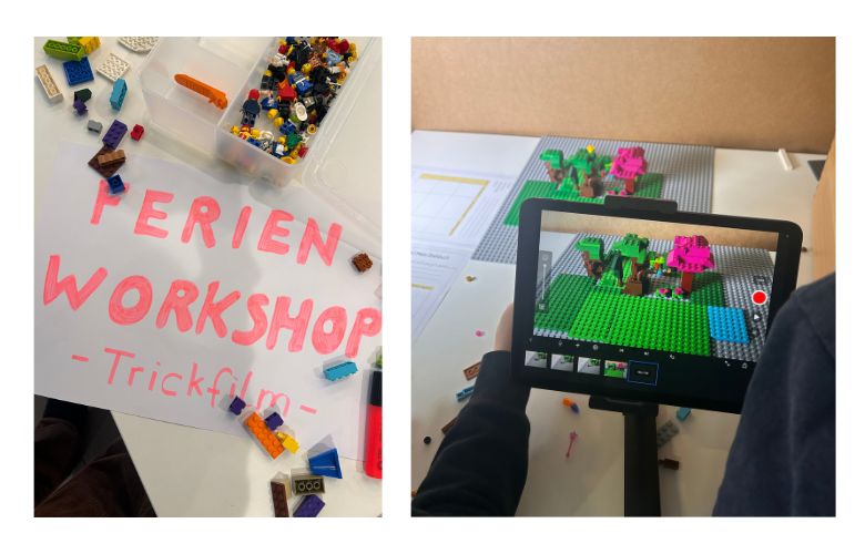 Einblicke in den Ferienworkshop Trickfilm im Forum Wissen. Kinder arbeiten mit Lego und Ipads an ersten Szenen.